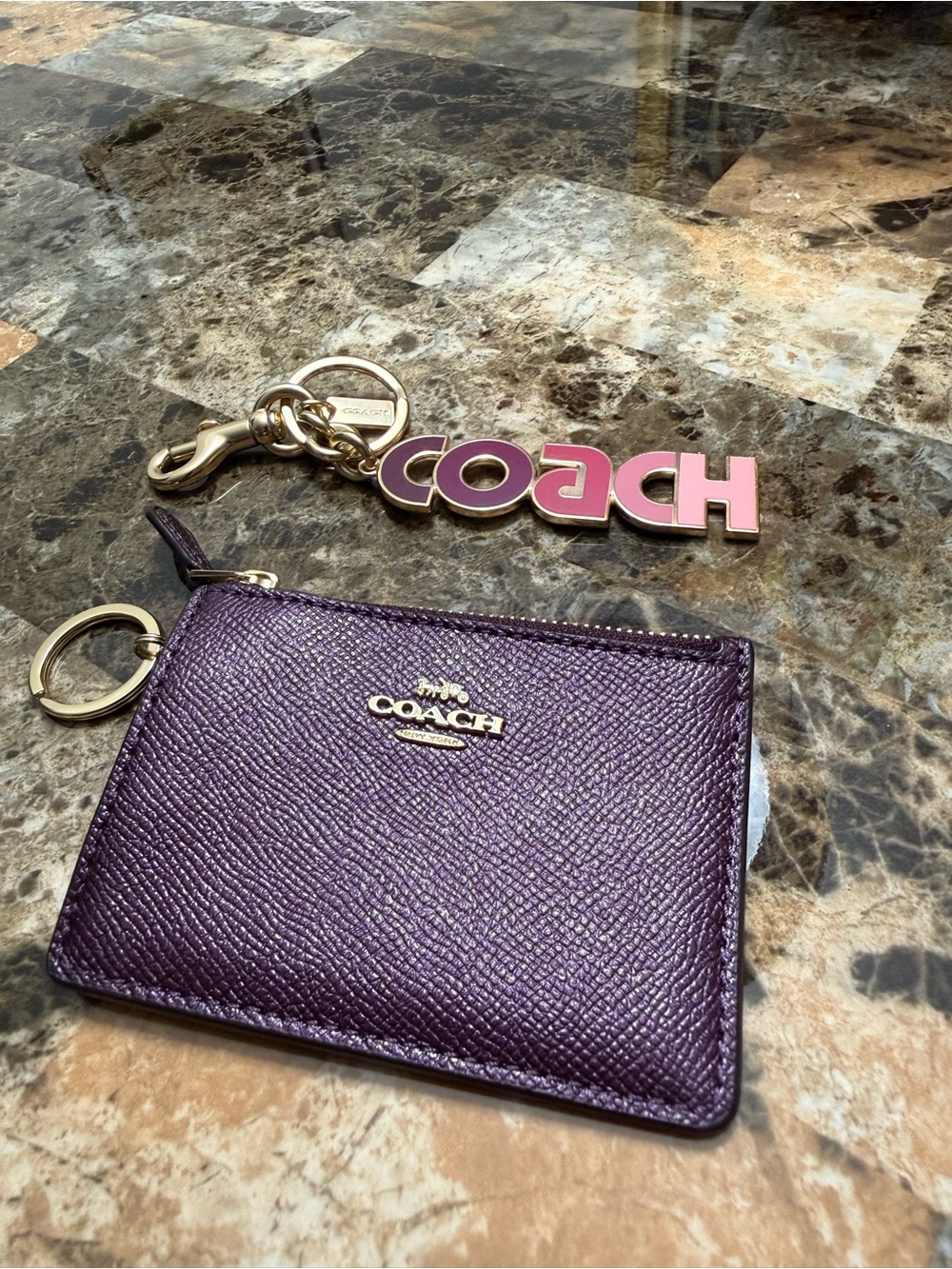 Coach Purple Textured Leather Zip Card Case with Pink Logo Keychain